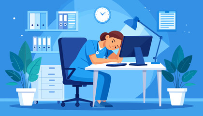 Healthcare burnout and stress a tired nurse at her desk with computer, depicting exhaustion and overwork in the medical profession