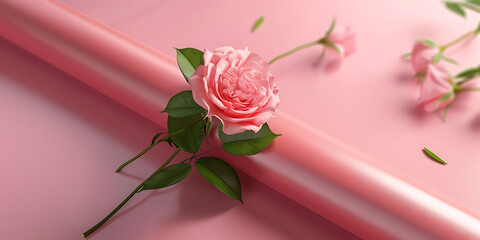 Delicate pink rose with soft petals and green leaves on a pastel background
