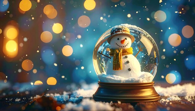 Festive Snow Globe with Cheerful Snowman and Bokeh Lights