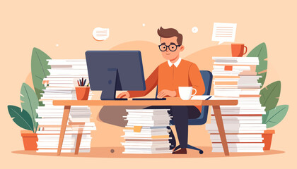 Overwhelmed businessman suffering from burnout and stress due to excessive workload, surrounded by stacks of paperwork and documents