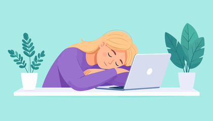 Overworked and exhausted, a woman experiences burnout and stress while working from home, falling asleep at her desk