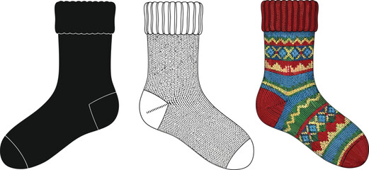 Illustration of three different socks, including a black sock, a striped sock, and a colorful patterned sock