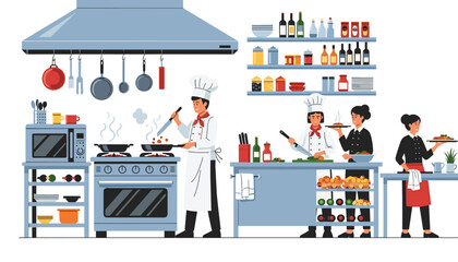 Dedicated chefs prepare culinary masterpieces in a bustling professional kitchen, creating delicious dishes with passion and skill