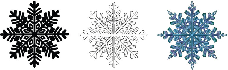 Three snowflakes in different styles silhouette, outline and colored winter holiday decoration elements
