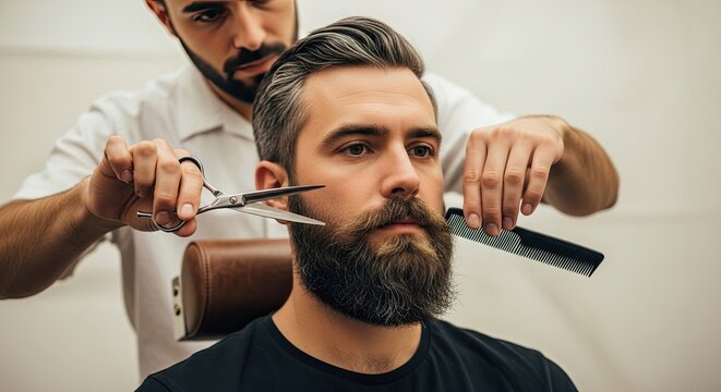 Professional barber trimming a man's beard with scissors and comb