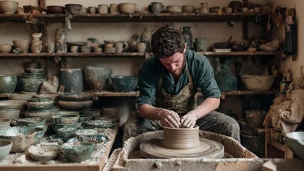Artisan Craftsmanship in the Studio: A dedicated artisan meticulously molds clay on a spinning pottery wheel, surrounded by the tools and creations of his craft. Capturing the skill and passion. - Powered by Adobe
