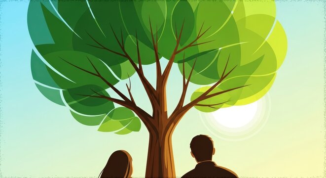Couple sitting under a vibrant green tree during a peaceful sunny day, symbolizing growth and