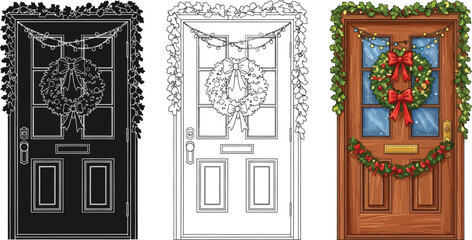 Christmas door in silhouette, outline and color decorated entrance with wreath, garland and lights for holiday