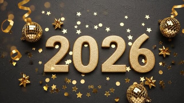 Golden year 2026 text with disco balls and confetti celebration