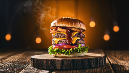 Steaming Double Cheeseburger with Onion Rings and Melted Cheese