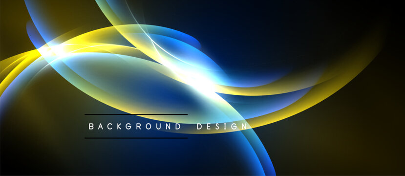 Abstract flowing lines, vibrant blues, yellows create dynamic background. Light flares add energy, modern aesthetic. Minimal text present.