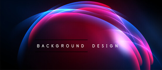 Abstract neon lights create dynamic curves, vibrant colors. Background features text background design. Dark space surrounds glowing shapes.