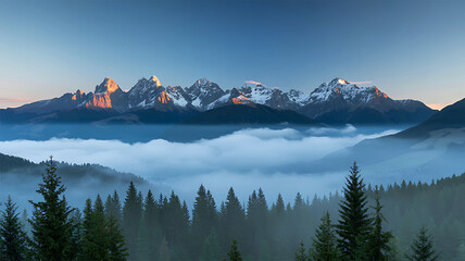 Sunrise over snowy mountain range, vast valley fog, pine forest