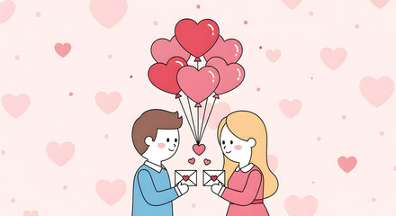Couple Exchanging Love Letters with Heart Balloons in Romantic Setting.