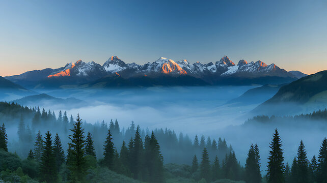 First light on snow-capped mountains, misty valley, serene forest.