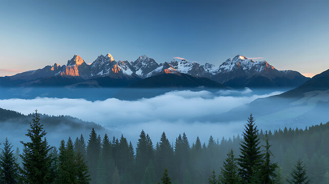 Sunrise over snowy mountain range, vast valley fog, pine forest - Powered by Adobe