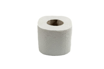 Single roll of white toilet paper with embossed pattern on white background, product minimalism, hygiene, bathroom.