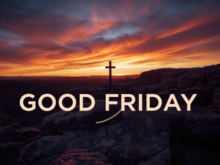 Solemn cross silhouette against dramatic sunset sky on good friday