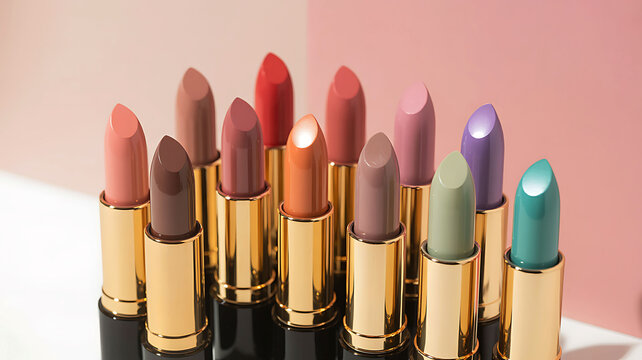 Colorful array of luxury lipsticks with golden tubes on display