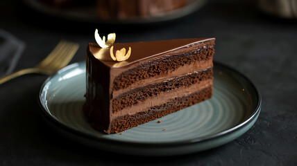 Decadent chocolate cake slice with glossy glaze and golden decor.