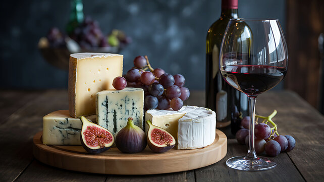 Delicious cheese board with red wine, grapes, and fresh figs