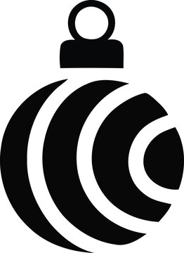 Stylized minimalist black Christmas ornament illustration with concentric white arc patterns, featuring a simple round hanger, perfect for holiday season designs, festive greetings, and winter celeb..