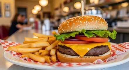 Realistic close-up of juicy cheeseburger with lettuce, tomato, cheese, and crispy french fries served on a diner table