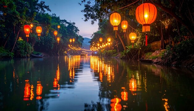 River scene with floating lanterns reflecting on the water