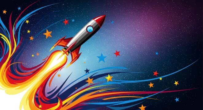 Vibrant cartoon rocket soaring through a colorful starry cosmos with dynamic fiery trails