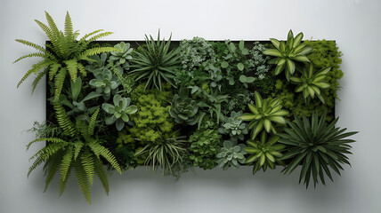 Lush vertical garden with diverse green plants on a white wall