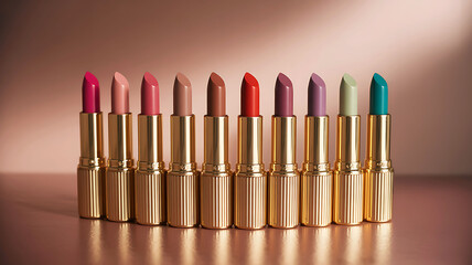 Variety of colorful lipsticks in elegant golden tubes displayed