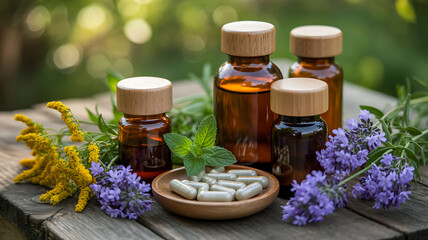 Natural herbal remedies and essential oils with plant extracts.