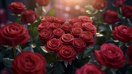 Red roses arranged in a heart shape, symbol of love and passion