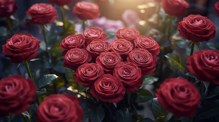 Vibrant red roses bouquet, symbol of love and passion, close-up.