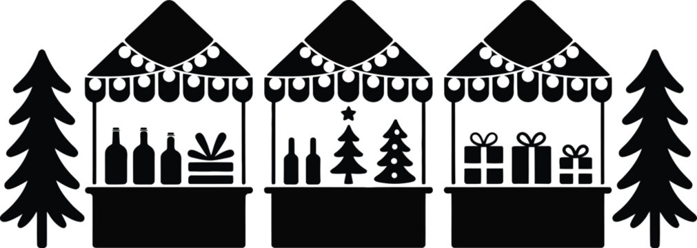Christmas market stalls silhouette illustration with festive lights, gifts, christmas trees, and bottles, surrounded by pine trees, representing holiday shopping and seasonal celebrations