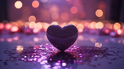 Reflective heart on purple glitter, illuminated by festive bokeh