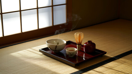 Japanese tea ceremony set on tatami mat, steaming matcha bowl