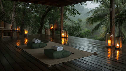 Tropical outdoor spa veranda with candles and lush jungle view