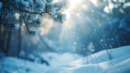 Snowy pine branches in a magical sunlit winter forest landscape.