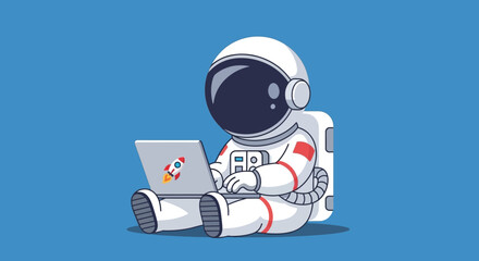 Astronaut Working on Laptop Illustration of Space Travel and Technology