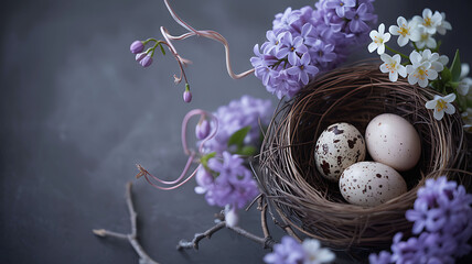 Bird's nest with speckled eggs, purple hyacinths, and spring flowers.