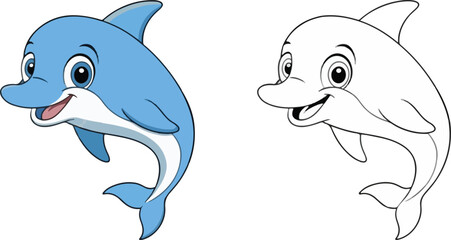 Cute cartoon dolphin vector illustration with coloring page outline isolated on white