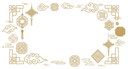 Elegant gold traditional Chinese decorative elements, lanterns, knots, and auspicious clouds frame for festive celebrations