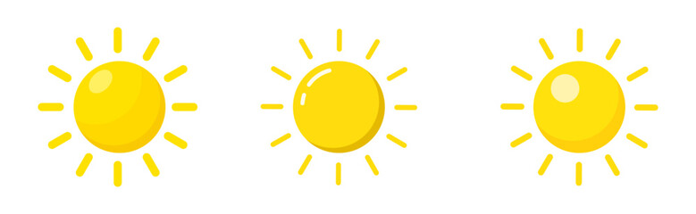 Bright sun illustration for sunny weather. Yellow sun icon set. Radiating sunrays symbol