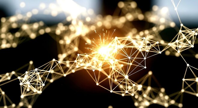 Glowing Network of Connections with Sparking Center on Dark Back