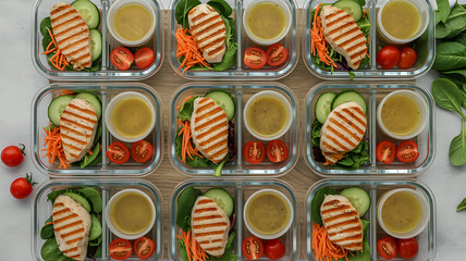 Healthy grilled chicken meal prep containers with fresh salad.