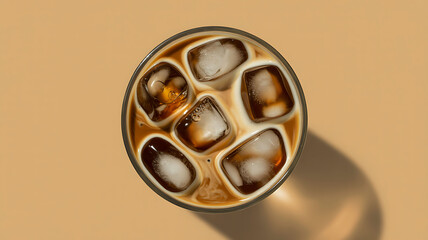 Refreshing iced coffee with milk and ice cubes, top down view