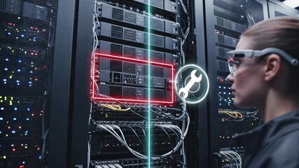 It technician inspects server rack with red alert overlay, wrench indicates maintenance needed. Datacenter hardware troubleshooting, network infrastructure repair. Professional engineer diagnoses - Powered by Adobe