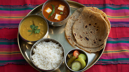 Traditional indian thali meal with rice, dal, curry, and roti