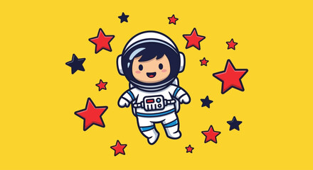 Cute astronaut in a spacesuit floating among red stars on a yellow background illustration